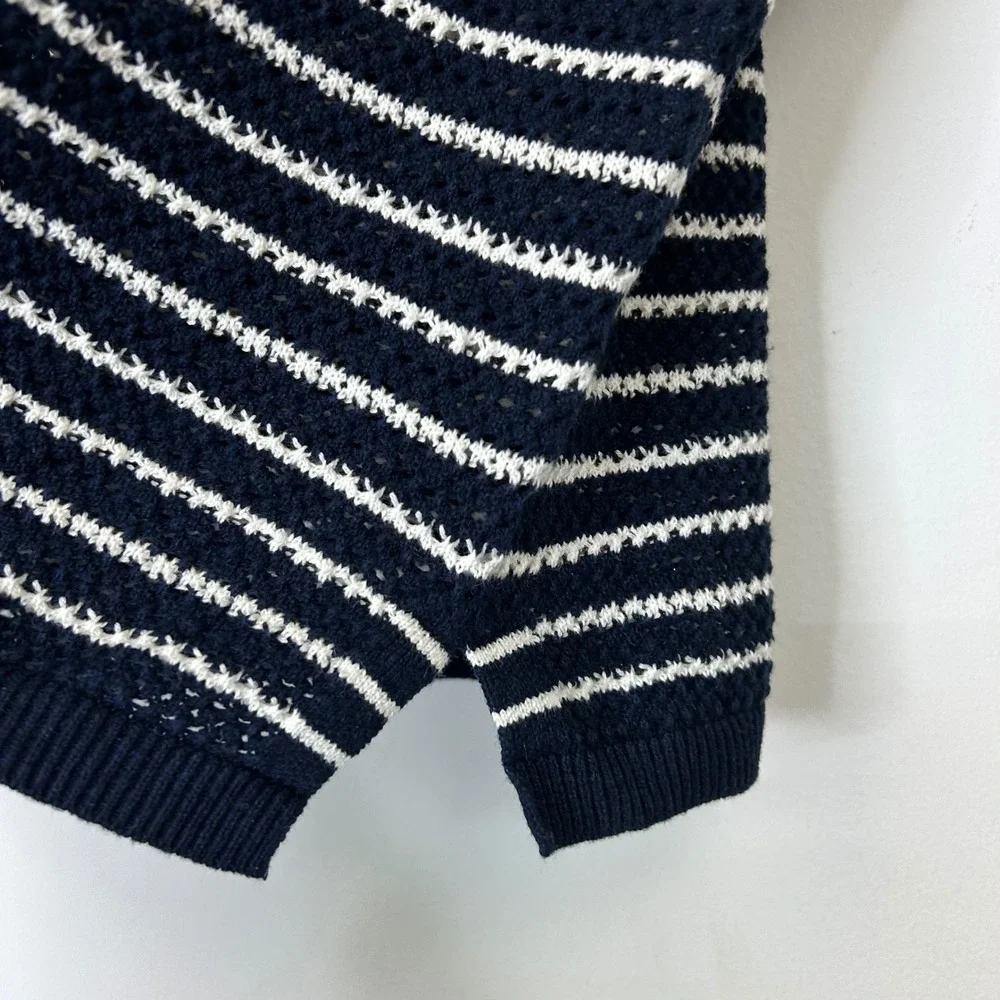 Pact Cotton Crochet Knit Top Women's Large Blue White Stripe Short Sleeve